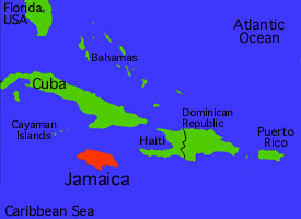 Map of an area of the Caribbean showing the position of Jamaica