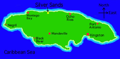 Map of Jamaica showing the location of Silver Sands on the North Coast. Click here to get a Free Road Map of Jamaica.