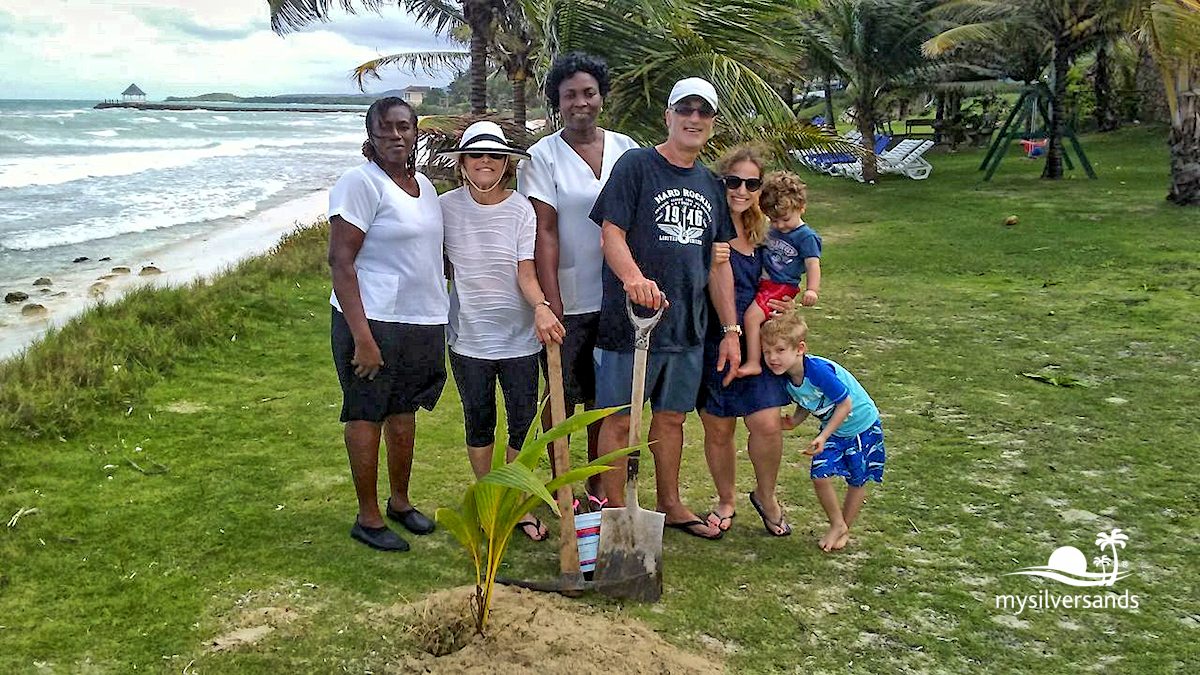 family with endless summer staff, planting coconut tree